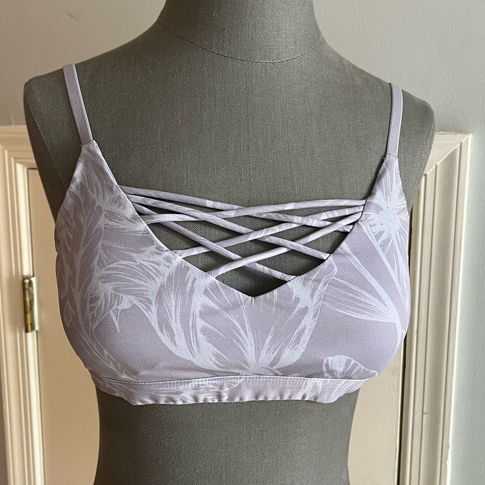 Fabletics floral lavender and white sports bra